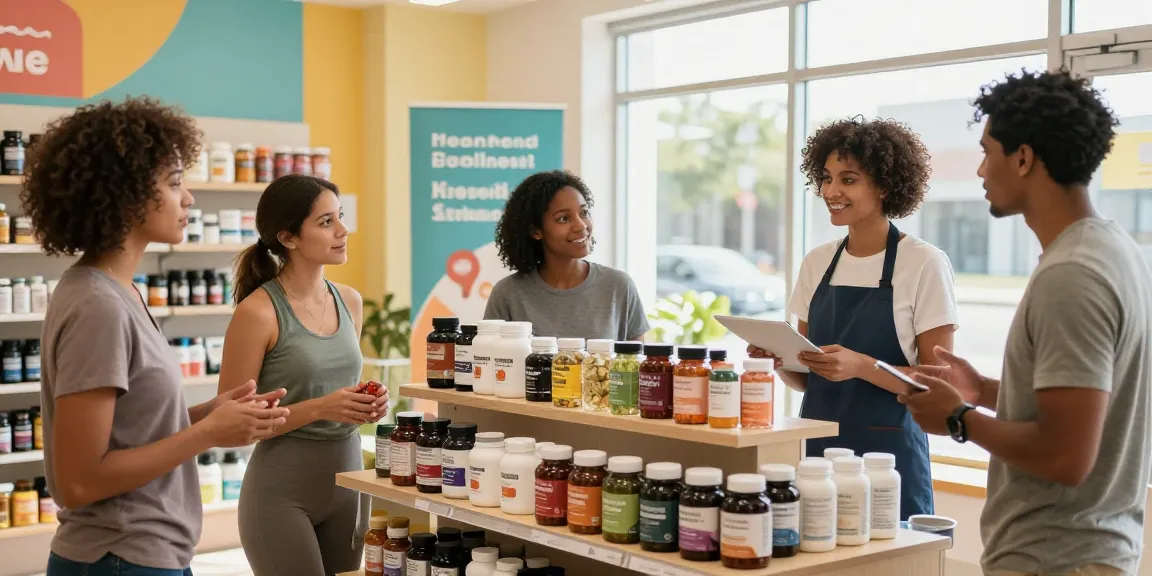 Engagierte Kunden erkunden Produkte im Medi Pharma Shop für Nahrungsergänzungsmittel in einer einladenden Umgebung.