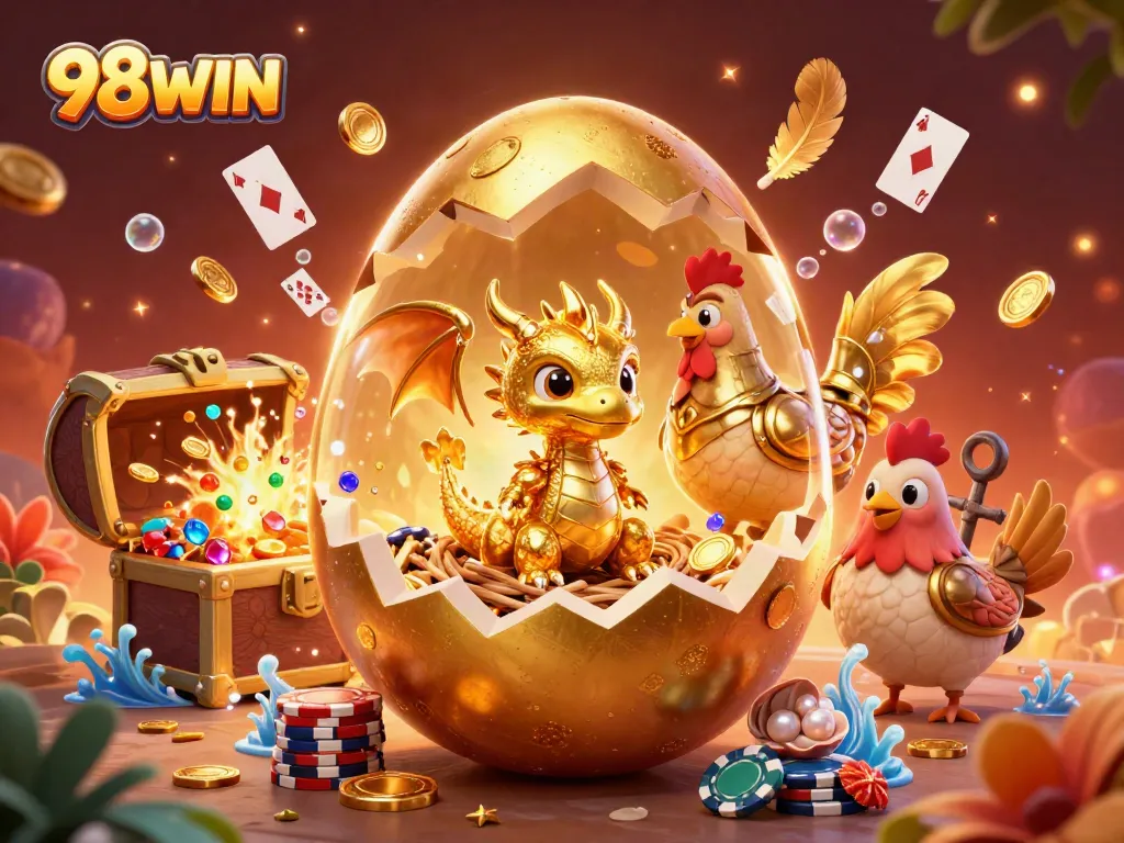 Experience excitement with the 98WIN golden dragon and poker chips in a vibrant casino scene.