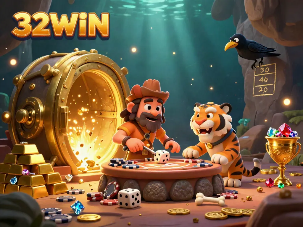 Experience thrilling jackpots with 32WIN at an animated prehistoric casino filled with treasures.