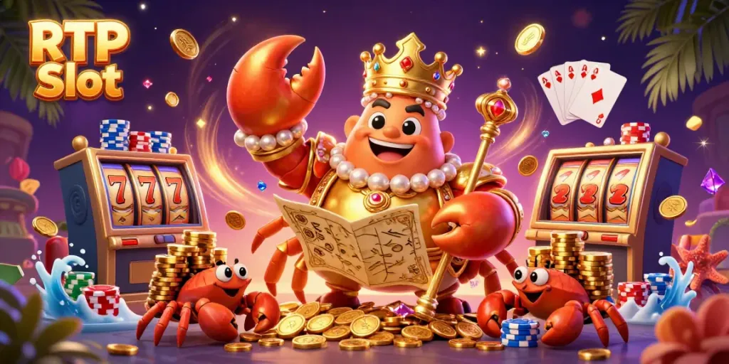 Experience the vibrant world of RTP Slot with a golden crab emperor and treasure-filled scene.
