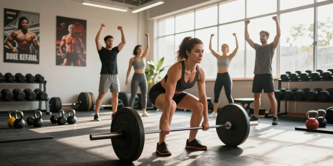 Global Pharma Steroids: Athletin beim Krafttraining im Fitnessstudio mit motivationalen Elementen.