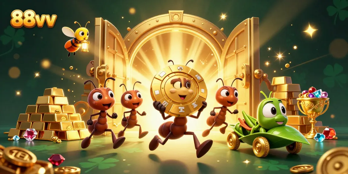 Engage in thrilling activities with 88vv's vibrant casino heist scene featuring playful ants.
