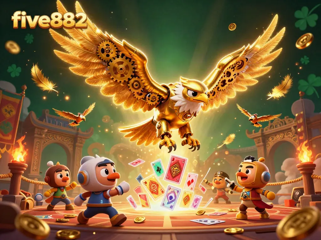 Engage in thrilling gameplay at five882 with dynamic holographic elements and a golden eagle soaring through vibrant visuals.