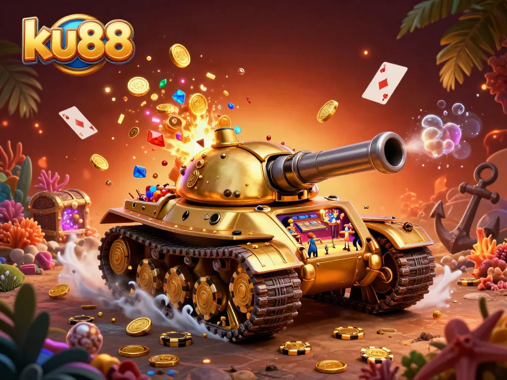 Engage in thrilling bets at ku88's miniature casino within a golden beetle tank, surrounded by treasure.