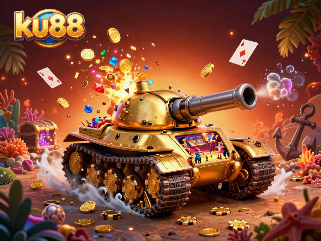 Engage in thrilling bets at ku88's miniature casino within a golden beetle tank, surrounded by treasure.