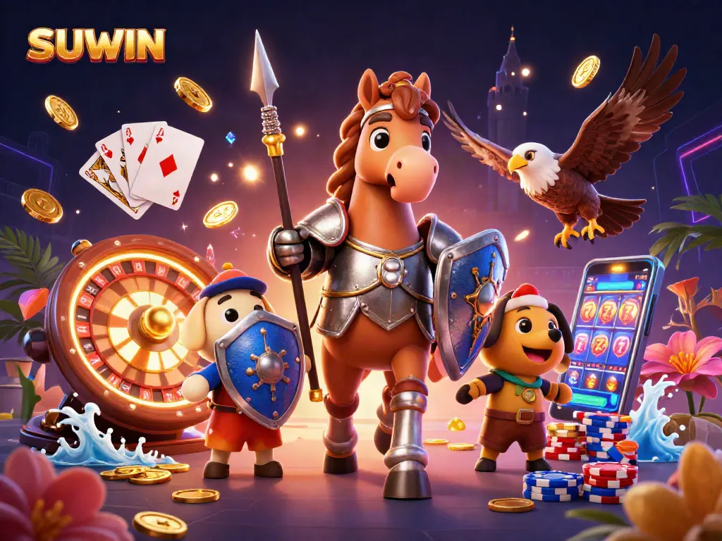 SUWIN captures the thrilling action of gambling, featuring an armored knight, playful puppy, and spirited falcon amid casino elements like rolling roulette wheels and dazzling coins.