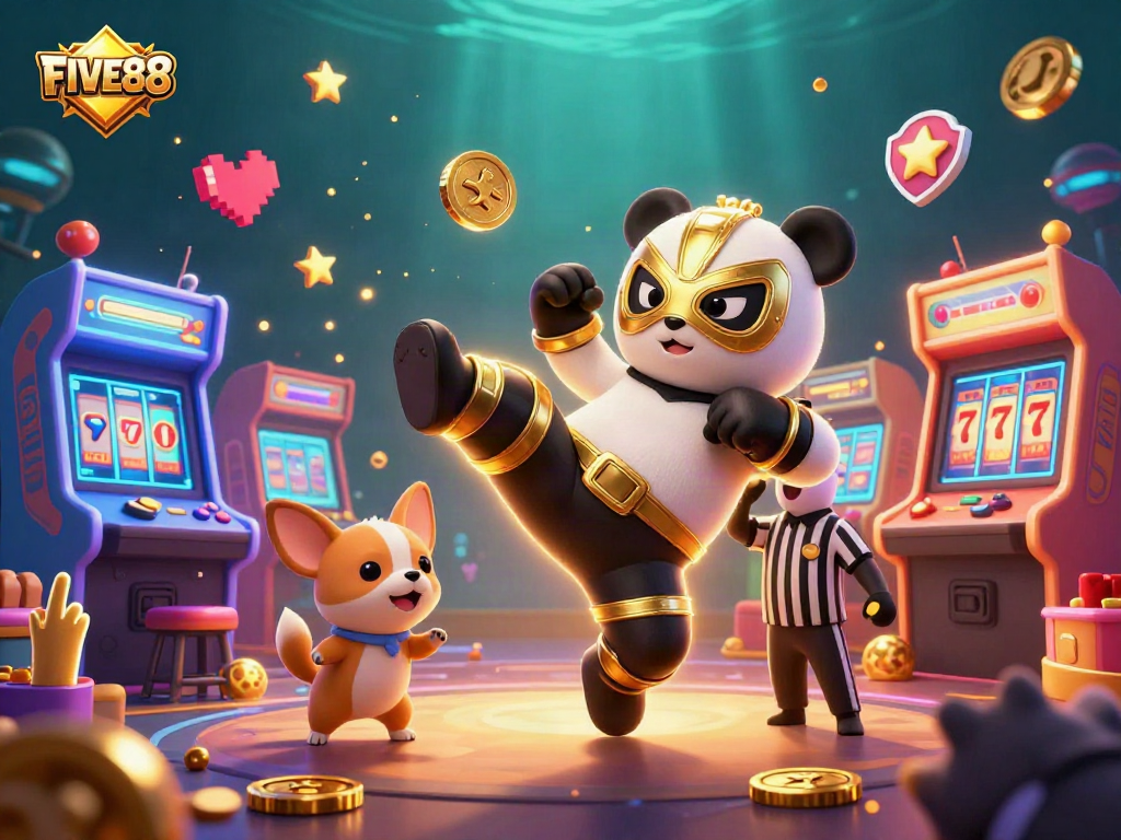 Experience the thrill of FIVE88 with a vibrant animated scene featuring a panda wrestler and more!