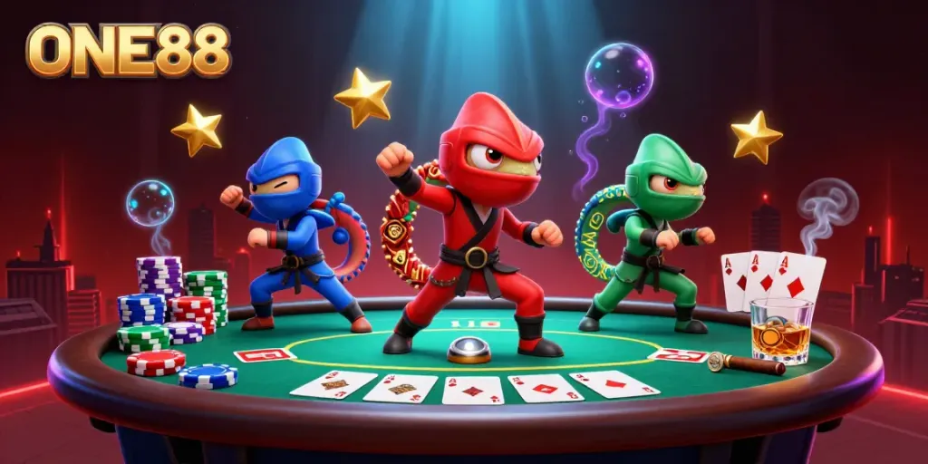 Watch the ONE88 chameleon ninjas master poker skills amidst vibrant casino elements and dynamic visuals.