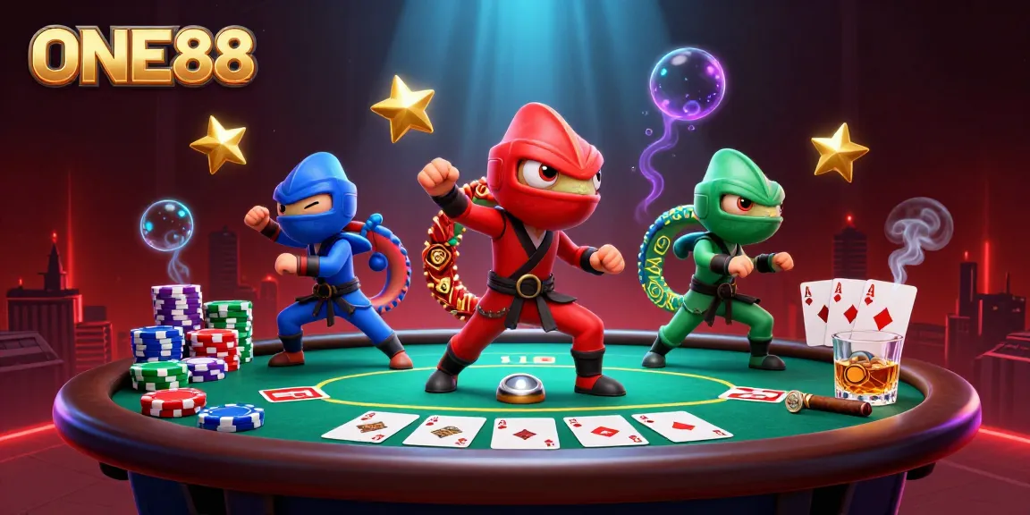 Watch the ONE88 chameleon ninjas master poker skills amidst vibrant casino elements and dynamic visuals.