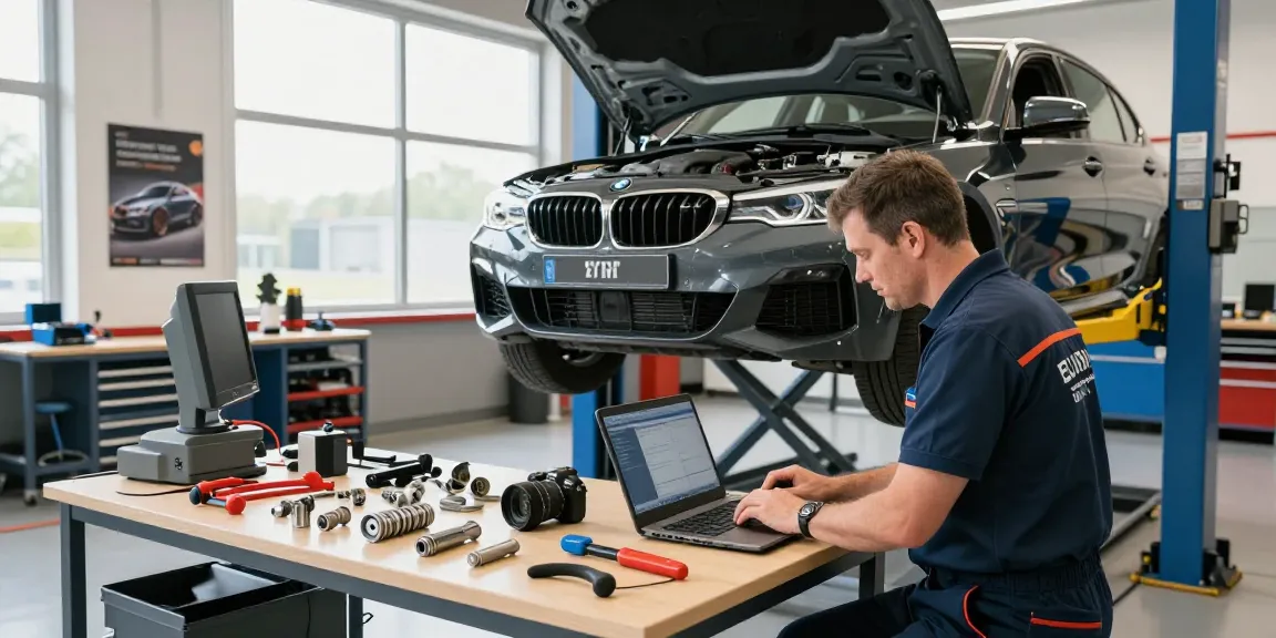 Fachmännischer BMW Service Hannover: Techniker wartet einen BMW in einer modernen Werkstatt.