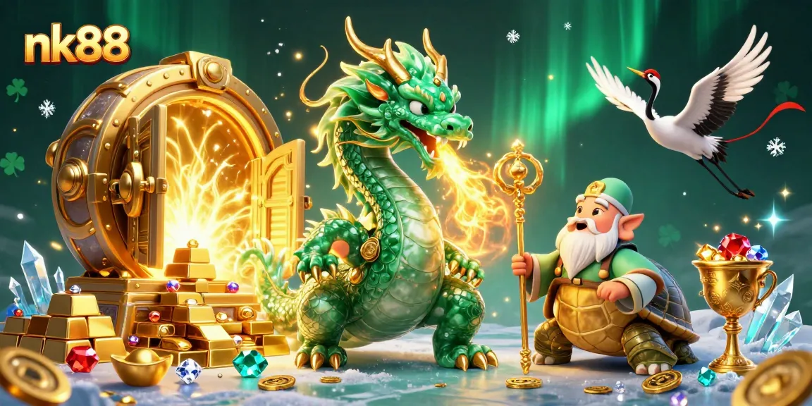 Engage in exciting gaming with nk88 in a vibrant scene featuring a jade dragon, lucky symbols, and gold treasures.