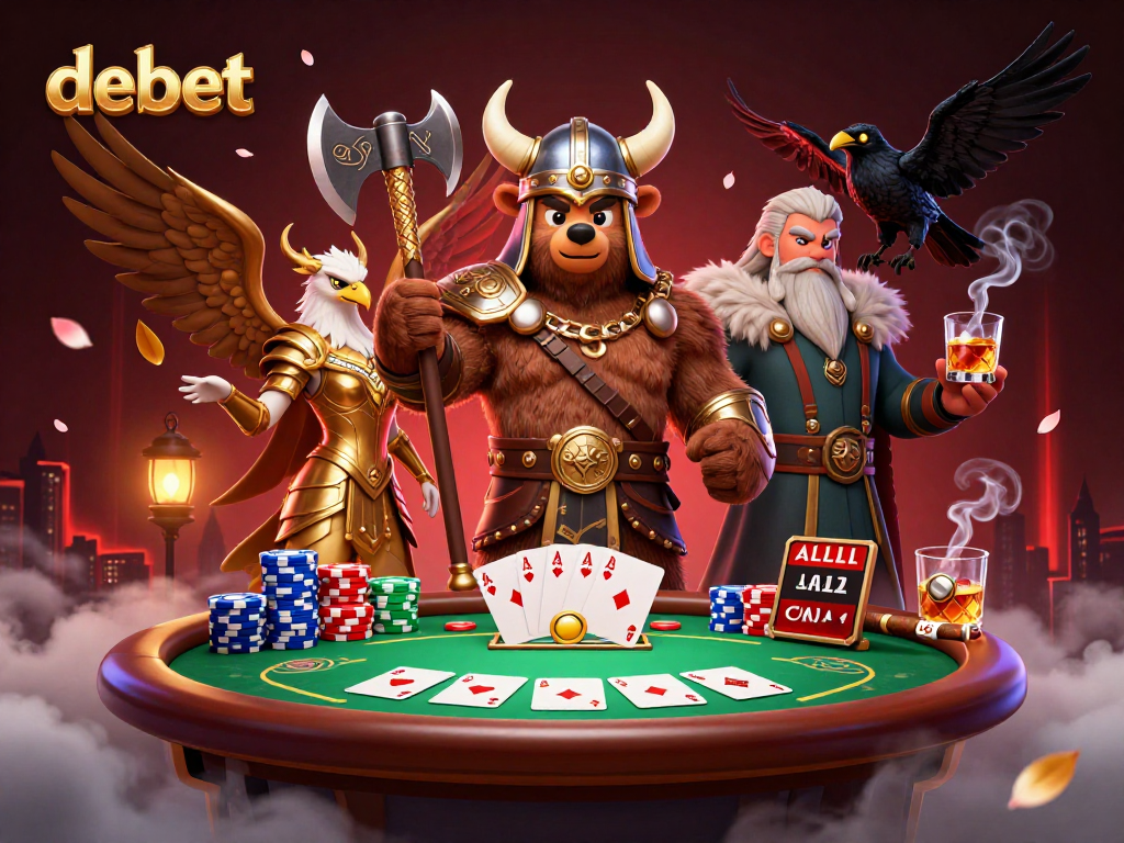 Experience intense poker action with debet featuring a fierce Viking and Valkyrie in a vivid casino scene