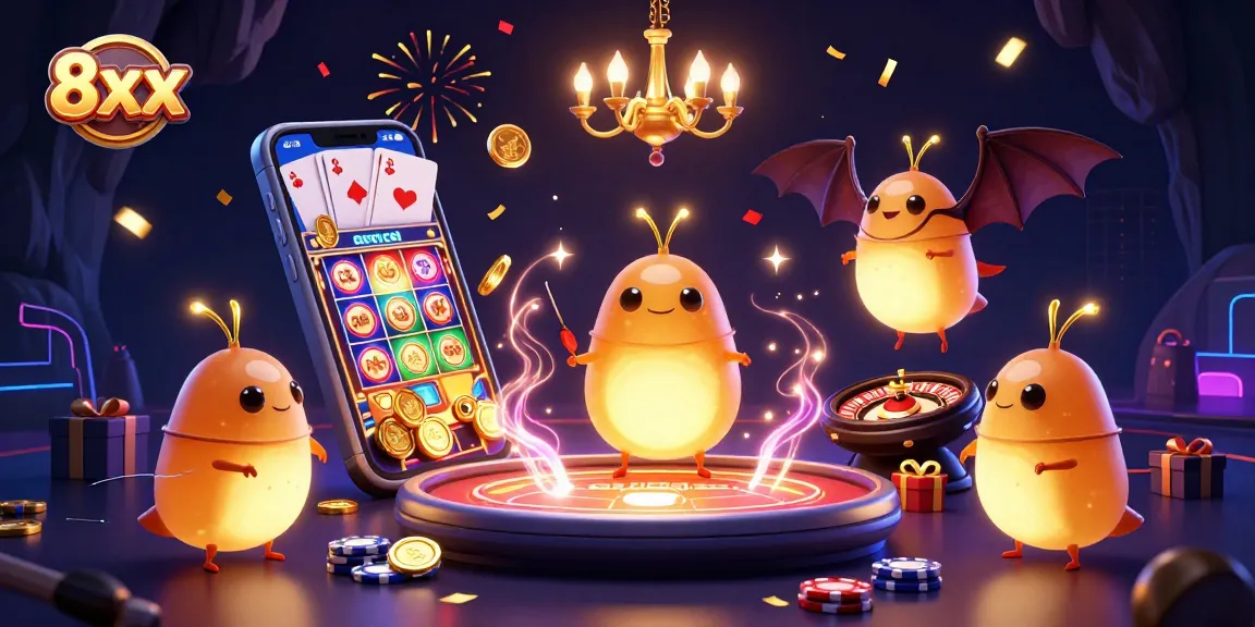 Experience the vibrant 8xx casino scene with glowworms and dynamic game elements lighting up the action.