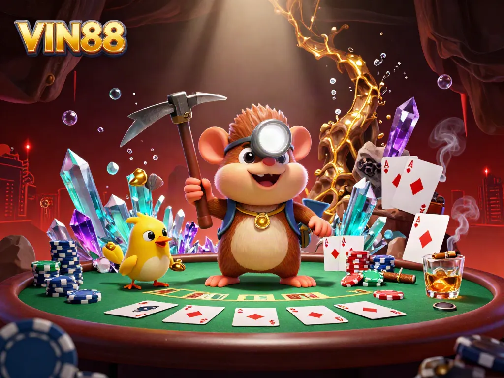 VIN88 offers an adventurous casino scene featuring a treasure hunter mole with poker elements, set in a vibrant cave.
