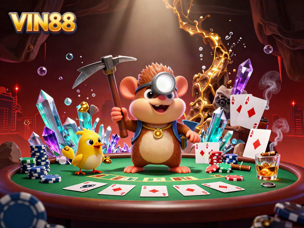 VIN88 offers an adventurous casino scene featuring a treasure hunter mole with poker elements, set in a vibrant cave.