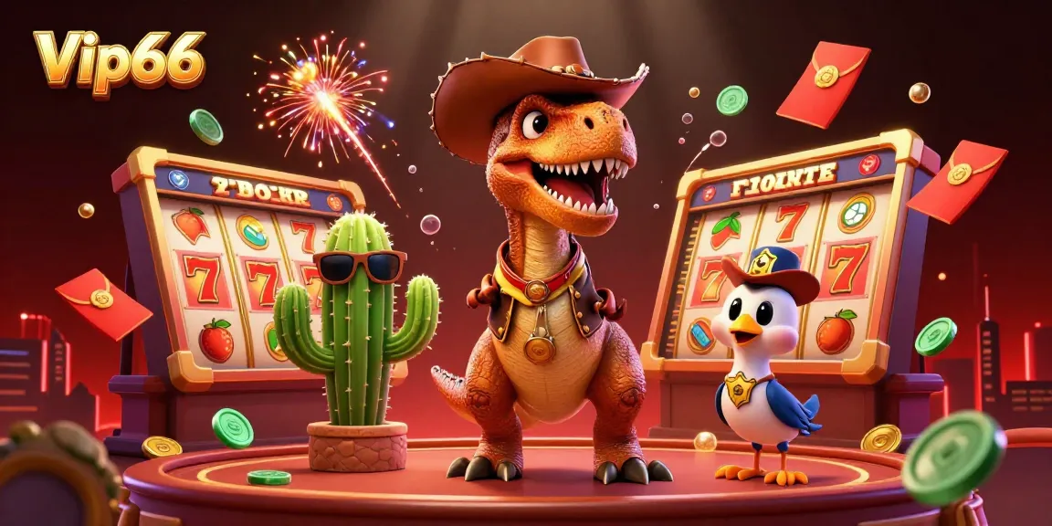 Engage with thrilling action at Vip66, featuring 3D characters in a vibrant casino scene.