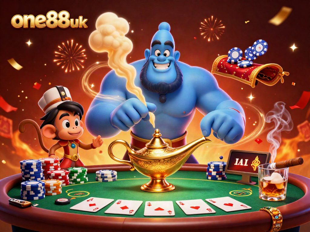 Engage in thrilling casino action with one88uk featuring a magical genie, poker chips, and festive elements.