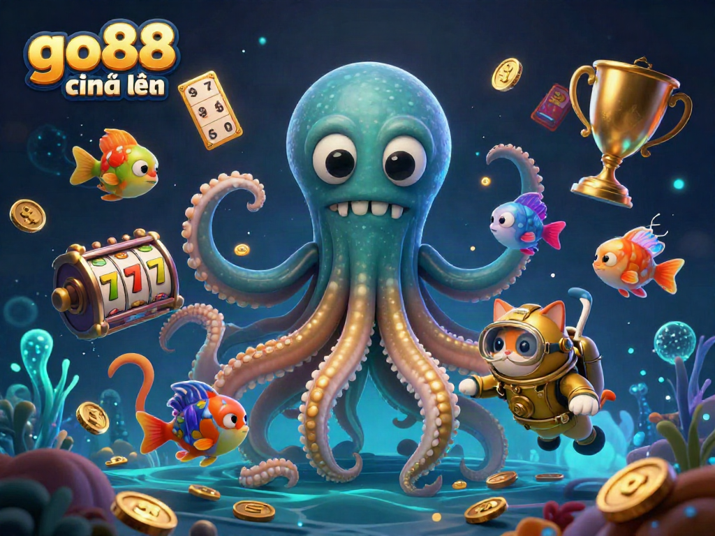 Engage with go88 chính thức through a vibrant 3D scene featuring a kraken and a diving cat, surrounded by dynamic slot elements.