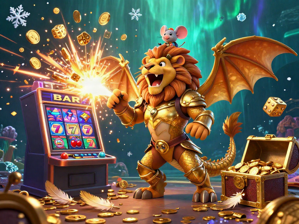 Experience thrilling jackpots at HITCLUB with a majestic chimera amidst dynamic casino excitement.