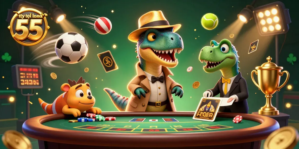 Experience thrilling tỷ lệ kèo nhà cái 55 with our vibrant casino scene featuring playful dinosaurs.