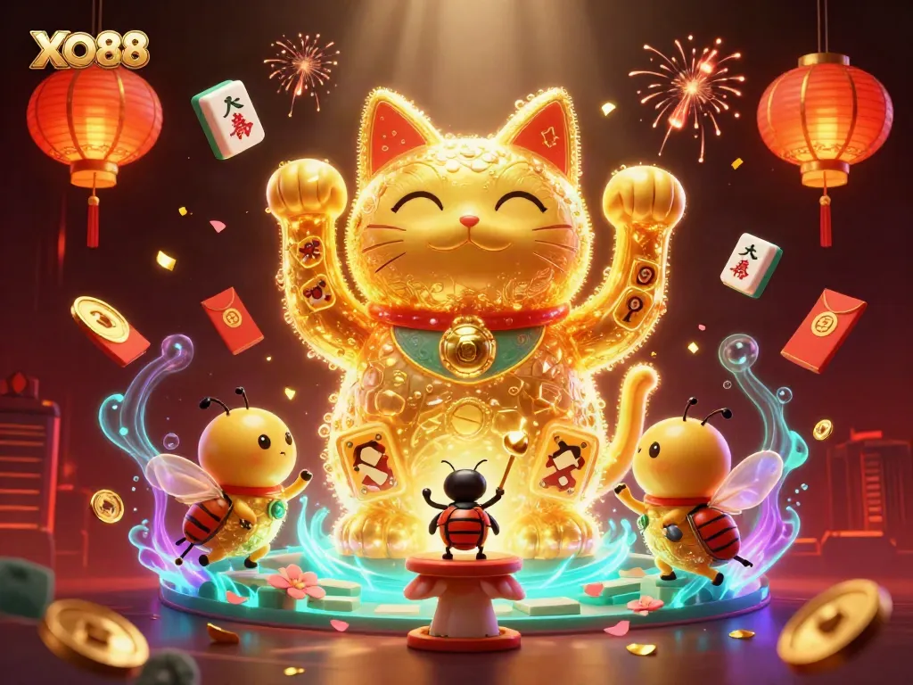 Experience the vibrant world of XO88, featuring a whimsical giant lucky cat and dazzling casino elements.