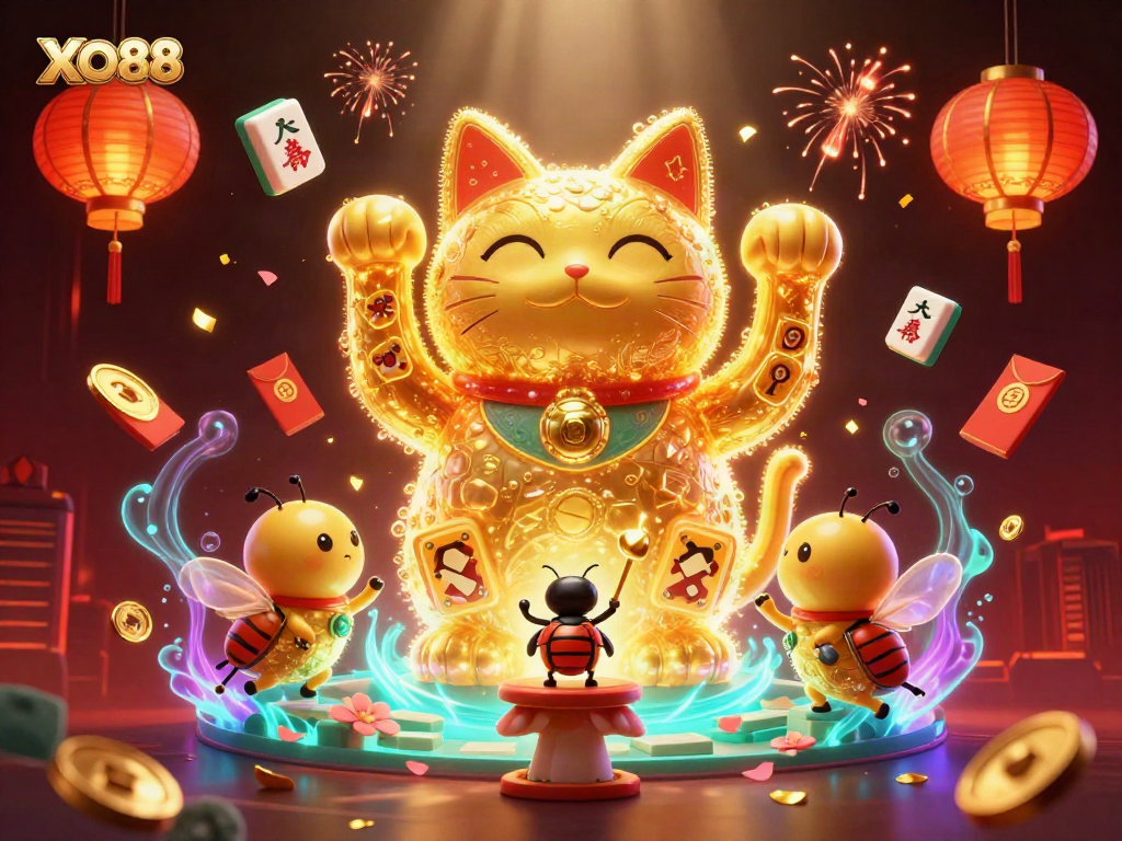Experience the vibrant world of XO88, featuring a whimsical giant lucky cat and dazzling casino elements.