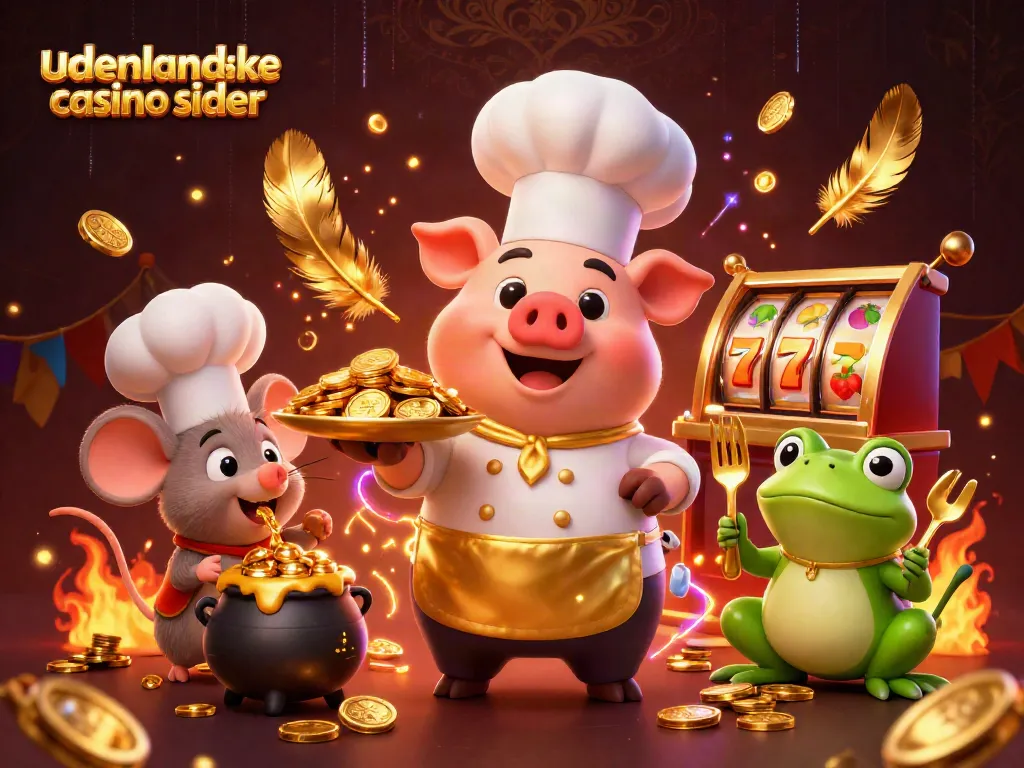 Engage with udenlandske casino sider in an exciting illustration of a chef pig and characters celebrating wins.