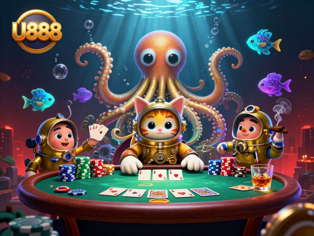 U888 showcases an exciting poker scene featuring a kraken, diving cat, and vibrant casino elements.