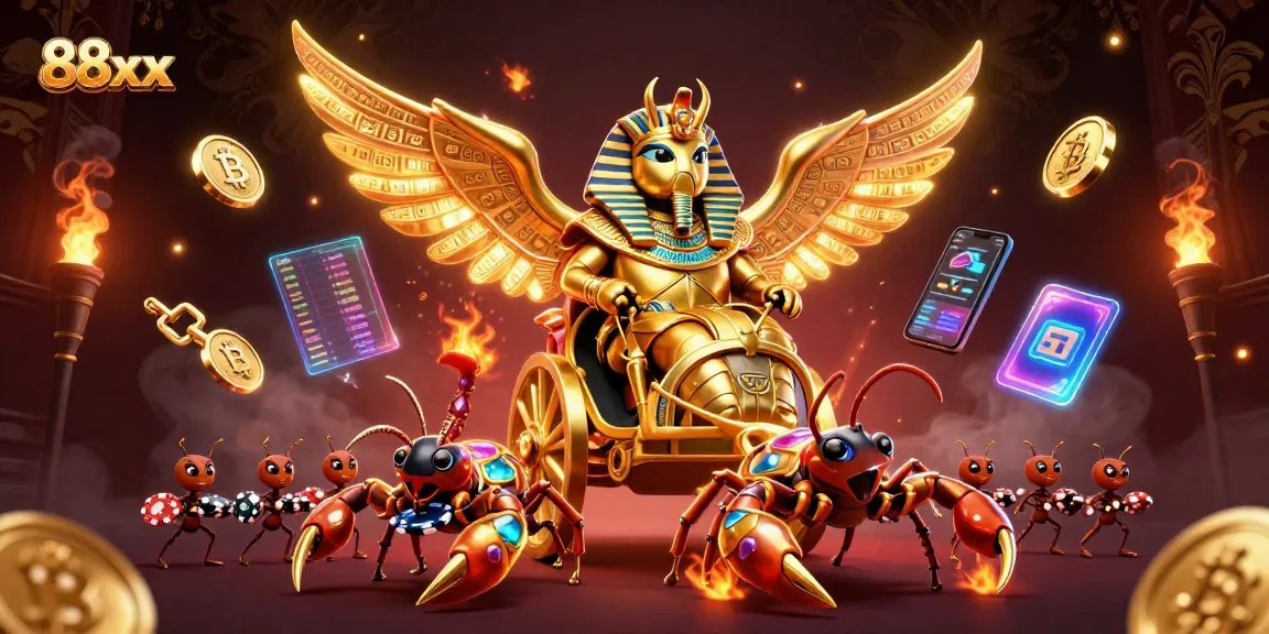 Experience the thrilling game dynamics of 88xx with vibrant visuals of golden scarabs and cryptocurrency.
