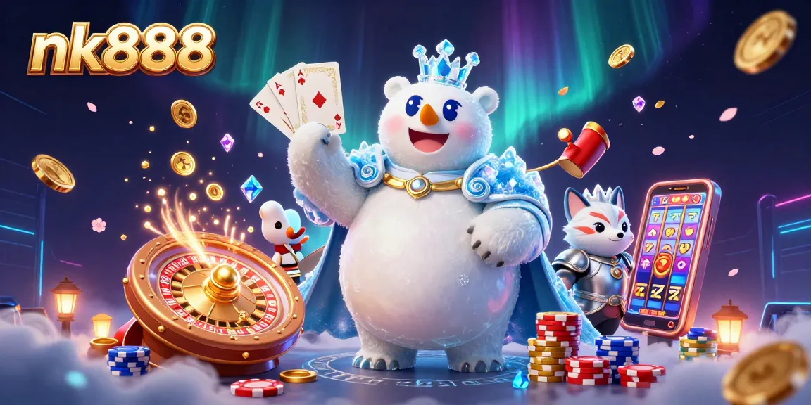 Spin the reels and win big with nk888, featuring vibrant characters and dynamic casino elements.