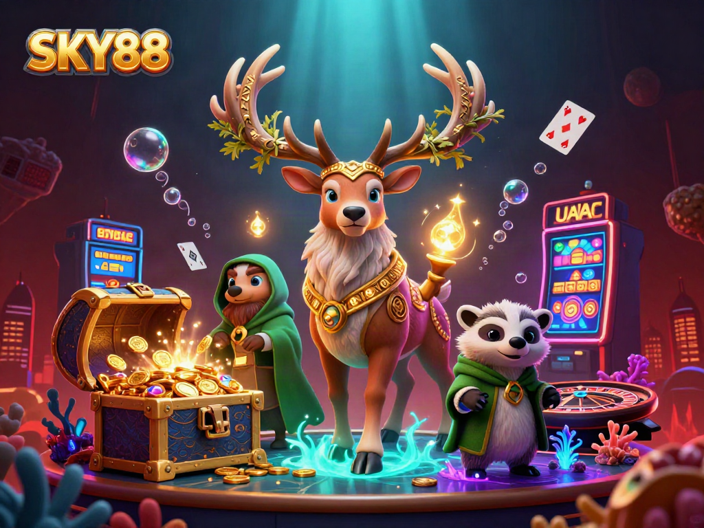 SKY88 casino scene with a majestic stag and badger amidst gold coins, vibrant slots, and roulette elements.