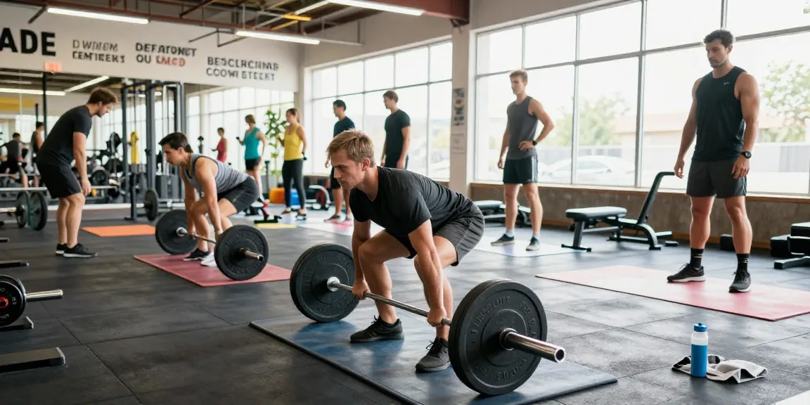 Anabolika Shop: Athlet hebt Gewichte im Fitnessstudio, umgeben von motivierender Atmosphäre.