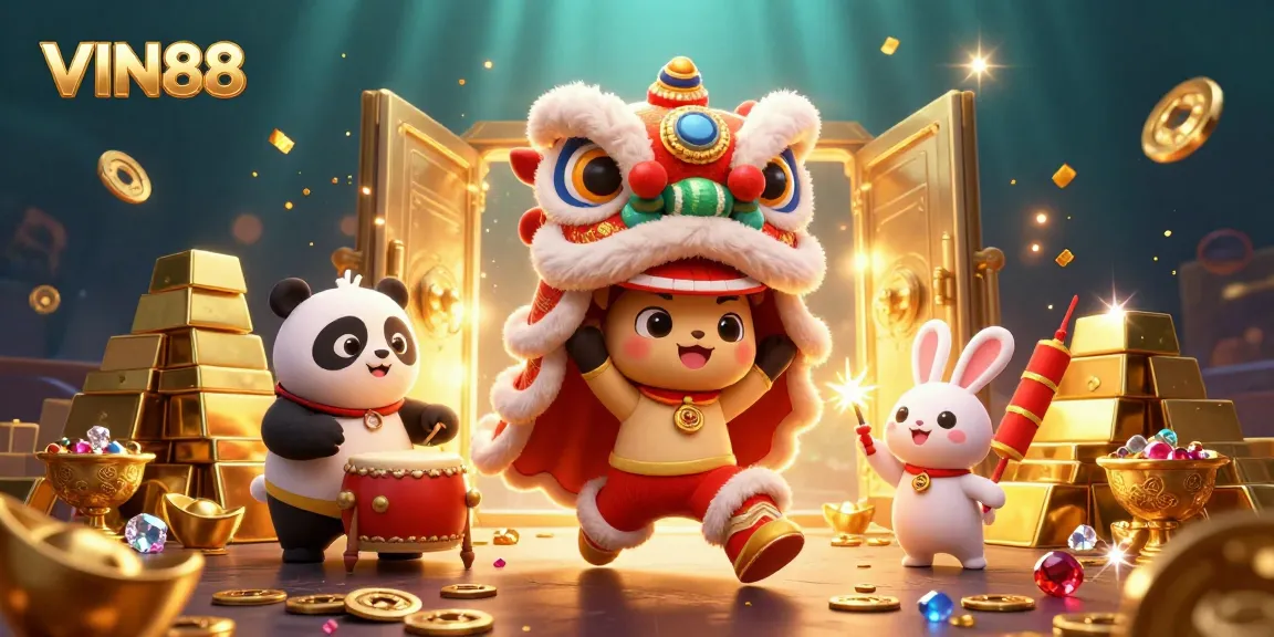 Experience the thrill of VIN88 with a vibrant casino-themed celebration featuring lucky elements and dynamic characters.