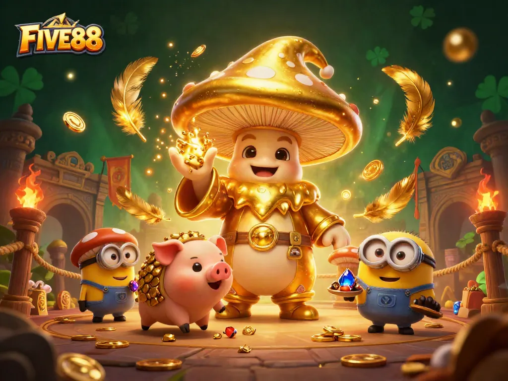 Engage with FIVE88’s rich casino experience, featuring a golden wizard and treasure-seeking pig.