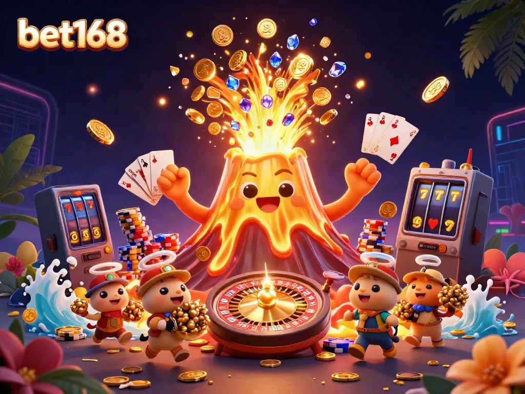 Experience thrilling wins at bet168 with an exciting eruption of treasure and lively casino elements.