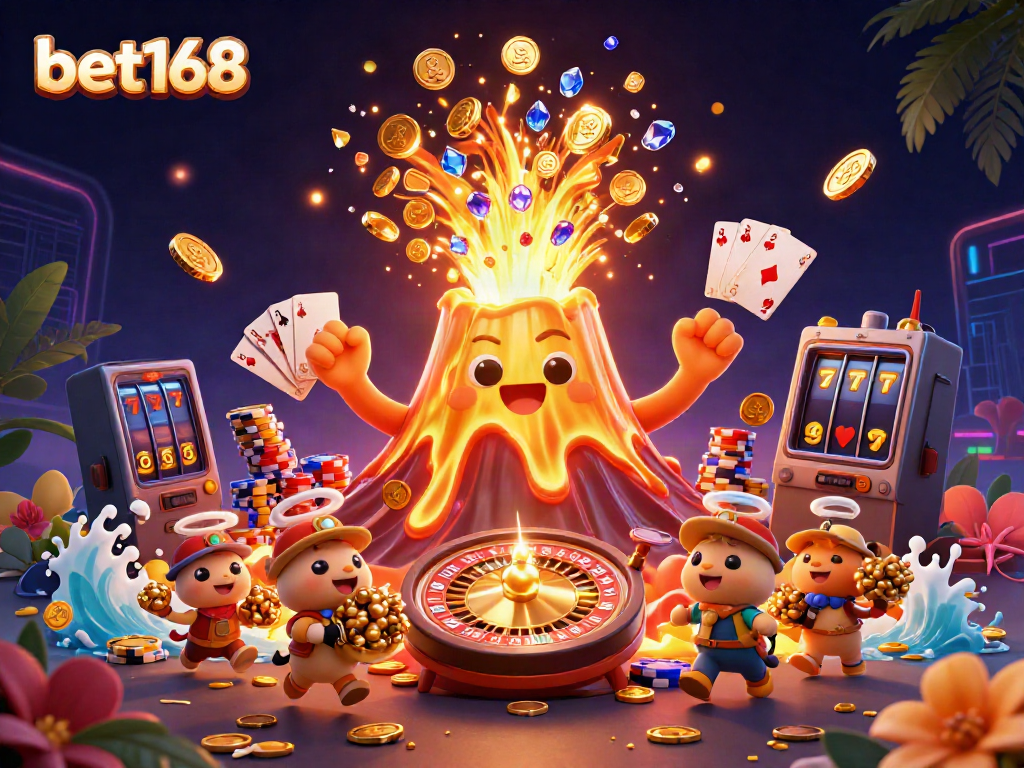 Experience thrilling wins at bet168 with an exciting eruption of treasure and lively casino elements.