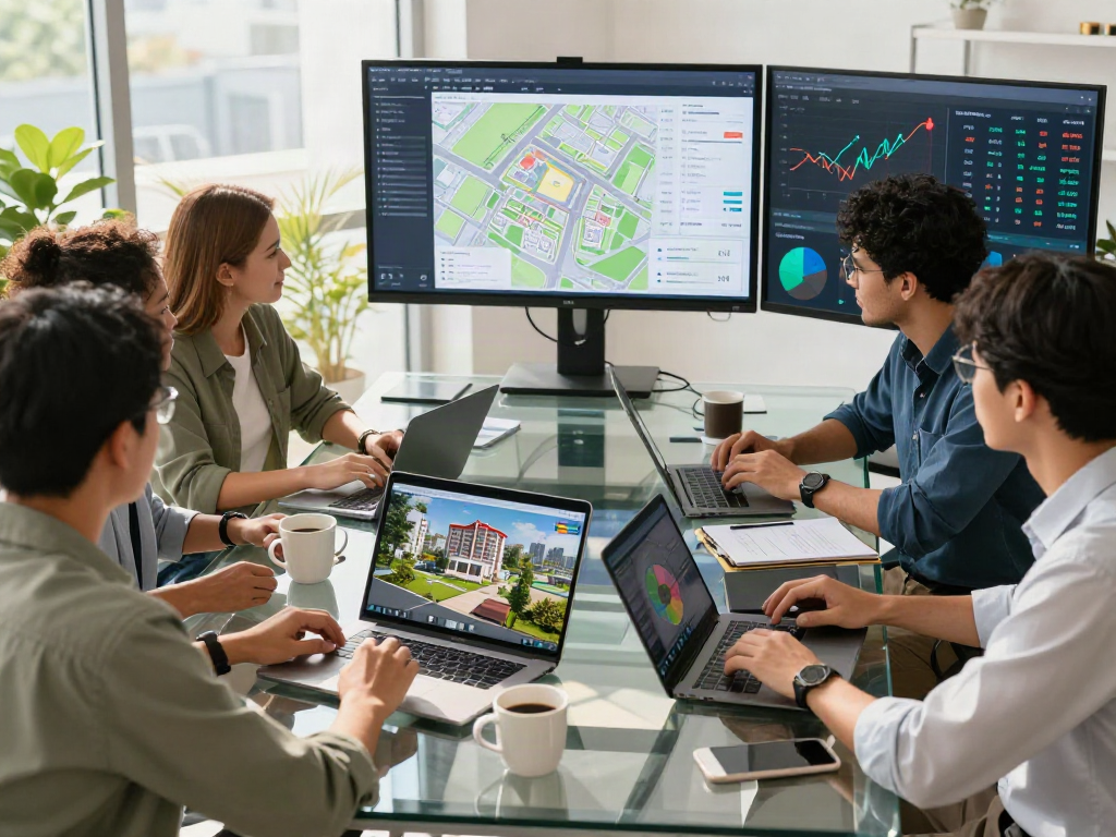 Professionals working on rokok88 link login in a modern virtual real estate setting