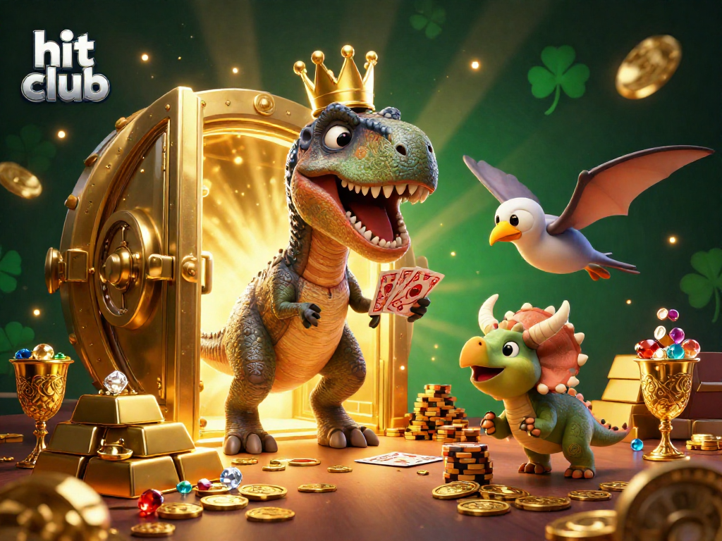 Experience the thrill of hit club gaming with charming dinosaurs enjoying card play and stacking chips.