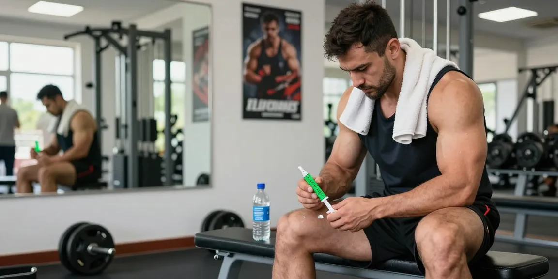 Anabolika Shop: Bodybuilder preparing for steroid injection in a bright gym.