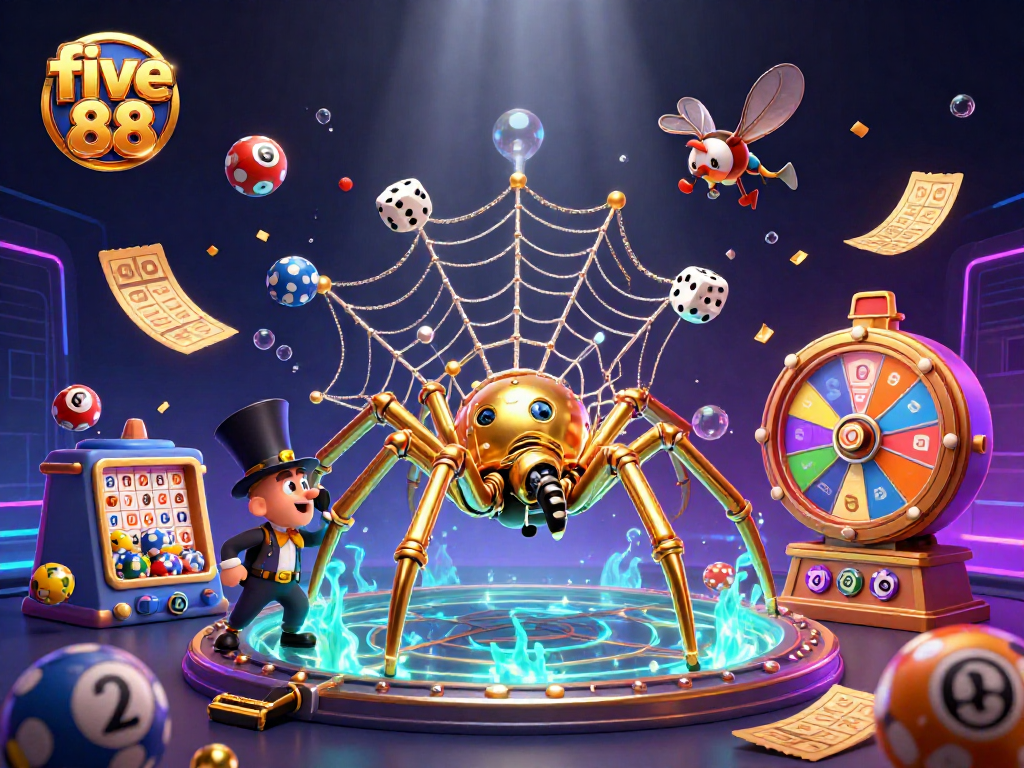 Experience the thrill of five 88 with a steampunk spider and vibrant lottery elements.