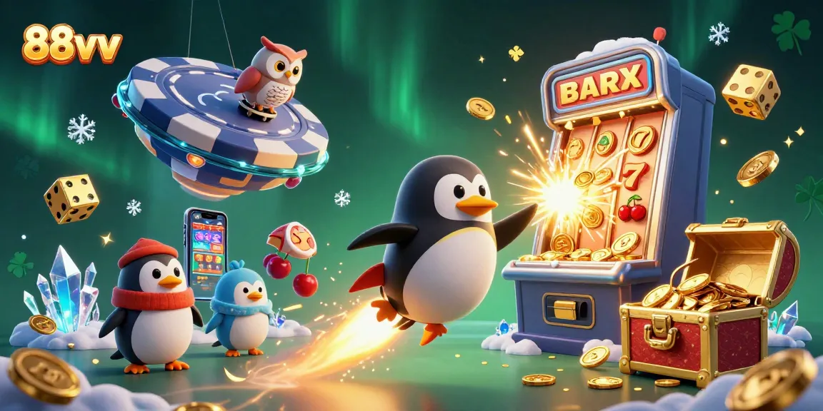Experience the thrill of 88vv with a rocket-powered penguin blasting through a vibrant casino scene.