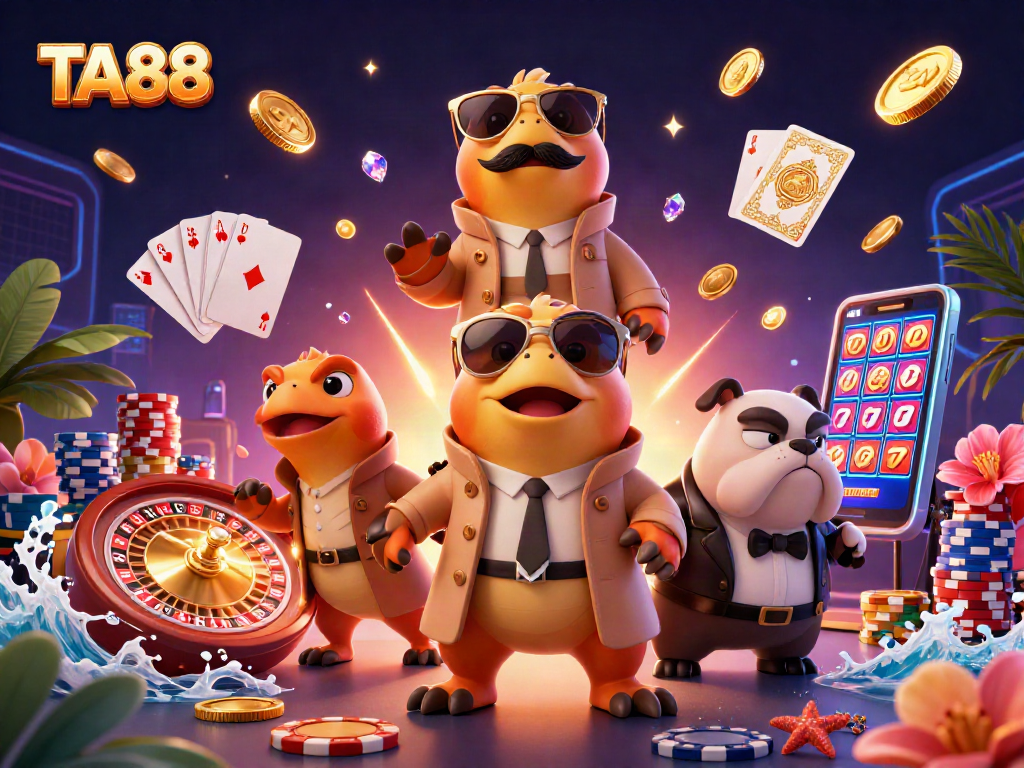 TA88 raptors in trench coat enter VIP casino, surrounded by golden coins and roulette elements.