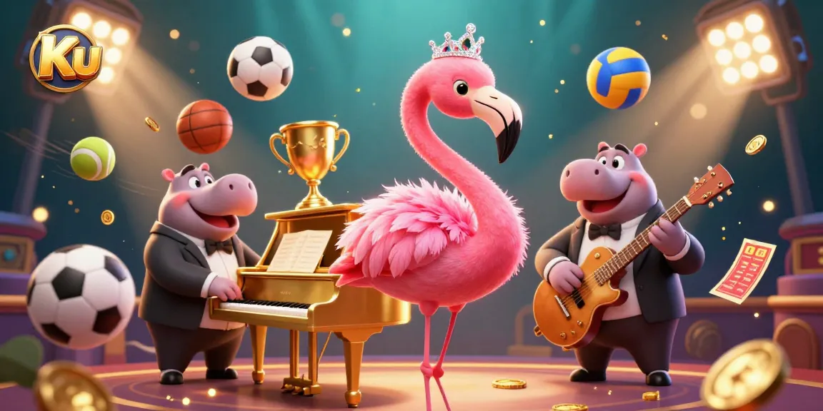Bet with Ku while enjoying a lively casino atmosphere featuring dynamic sports action and vibrant characters.