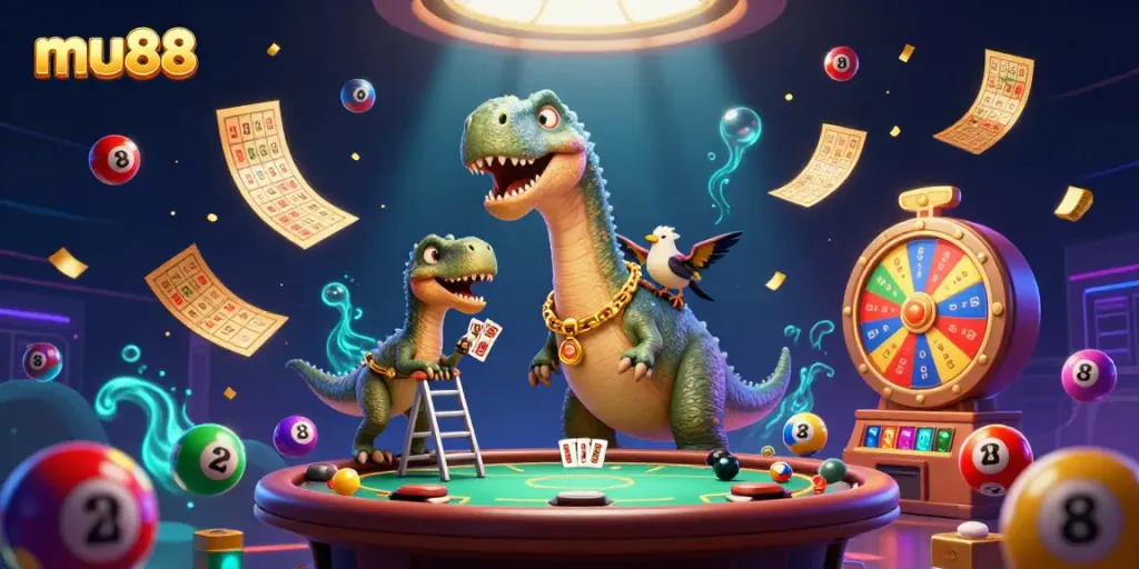 Engage in thrilling gambling adventures with mu88's captivating casino scene featuring playful dinosaurs.