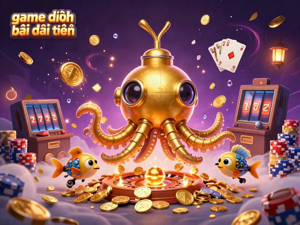 Win at game đánh bài đổi thưởng with a dynamic illustration of a golden kraken submarine and vibrant casino elements.