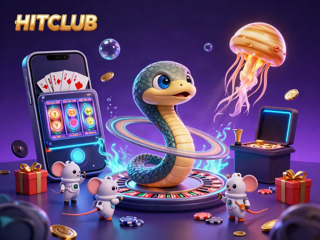 Engage in thrilling bets at HITCLUB with a cosmic illustration of a roulette wheel, astronaut mice, and vibrant gaming elements.