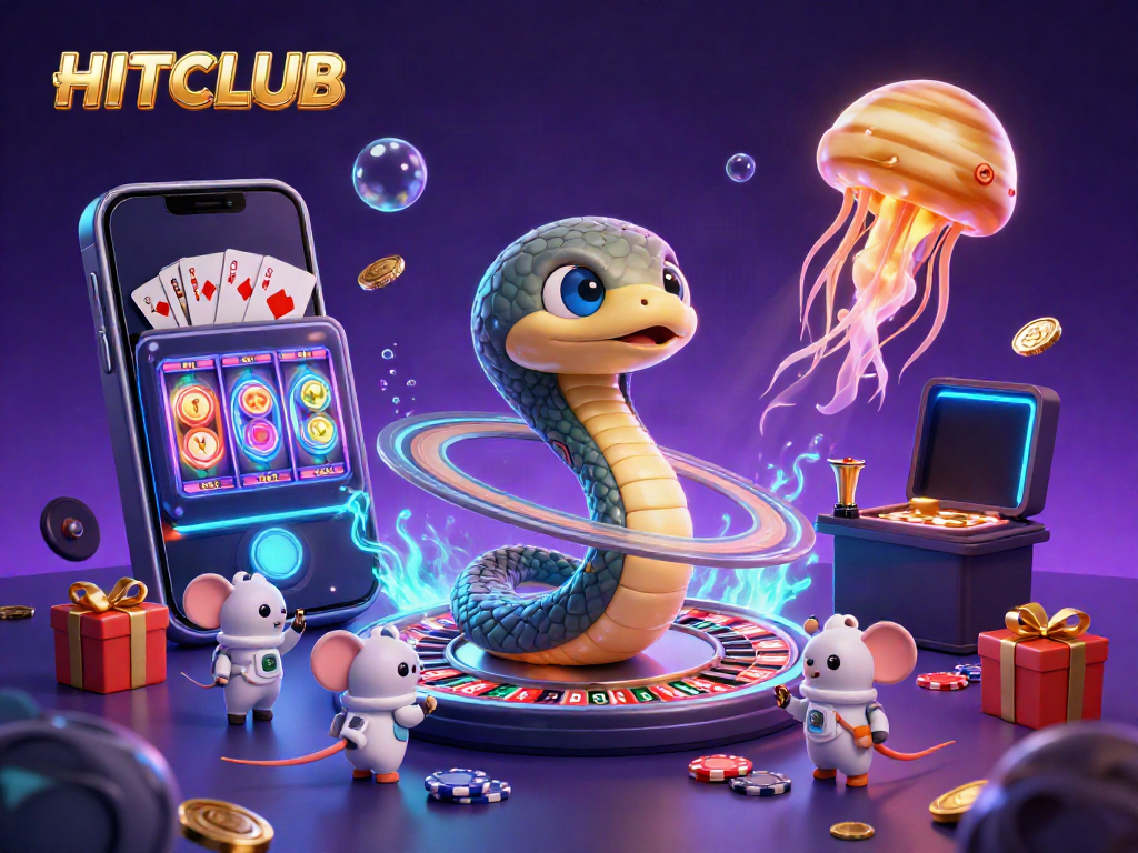Engage in thrilling bets at HITCLUB with a cosmic illustration of a roulette wheel, astronaut mice, and vibrant gaming elements.
