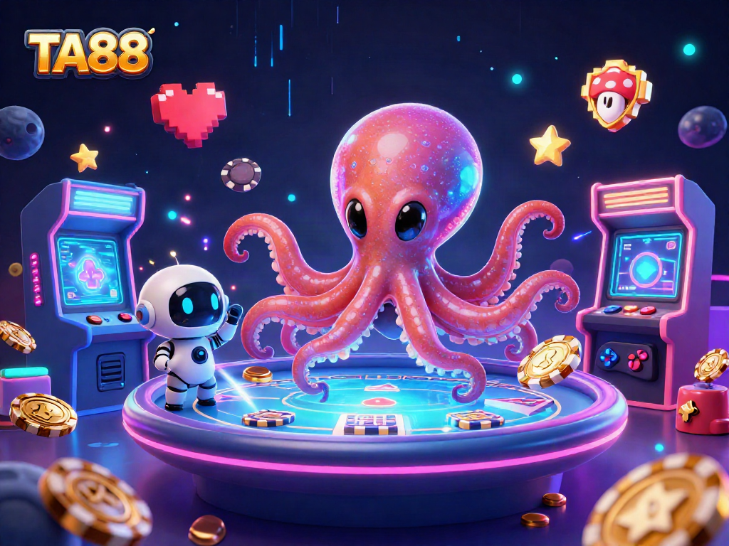 Engage with TA88's exciting poker world at a vibrant 3D alien casino scene featuring an octopus and robot.