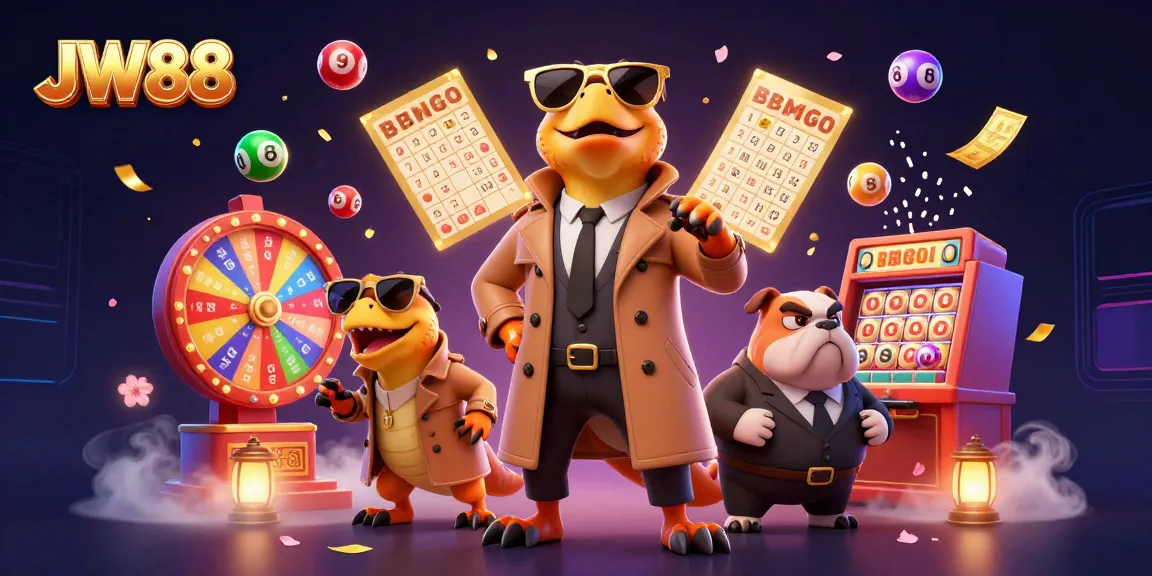JW88 casino themed illustration showcasing raptors in trench coat trying to enter VIP while elements like bouncing lottery balls and money rain surround them.