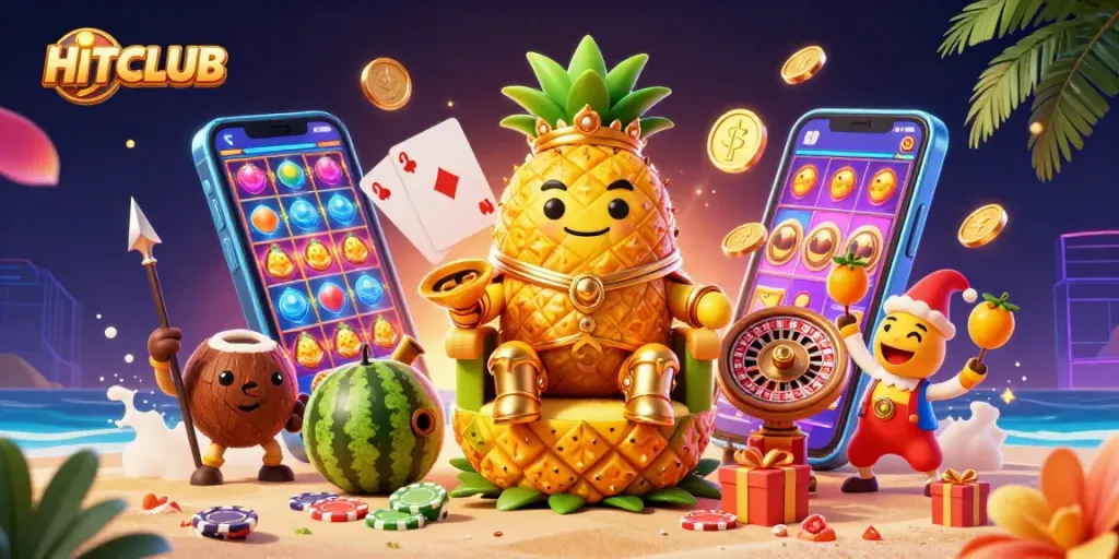 Experience the excitement at HITCLUB as the pineapple king reigns in a vibrant casino scene!